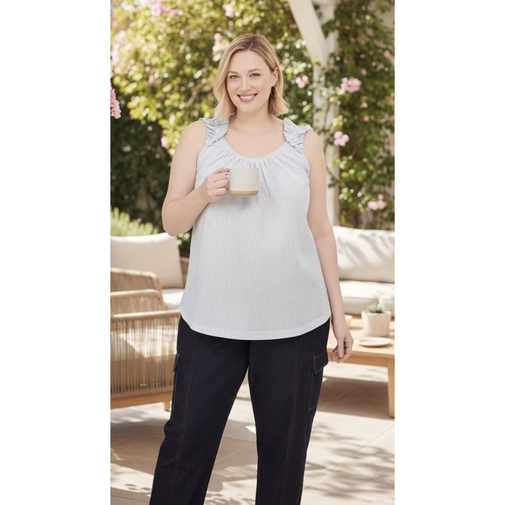 Lane Bryant Swing Lurex Stripe Ruffle-Sleeve Tank Blue White Metallic Plus 22